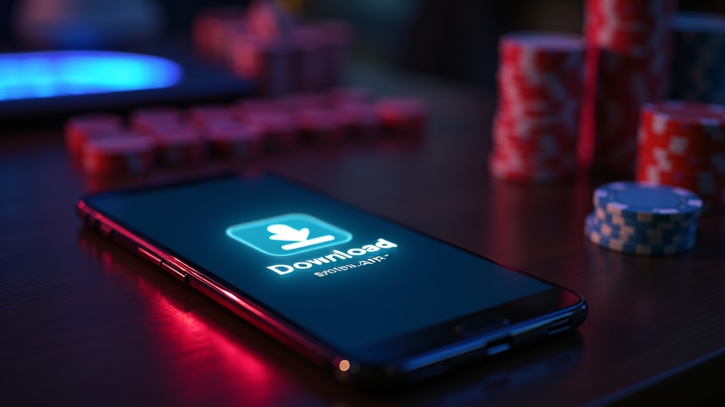Celular Android com tela de download do app e ambiente de cassino escuro
