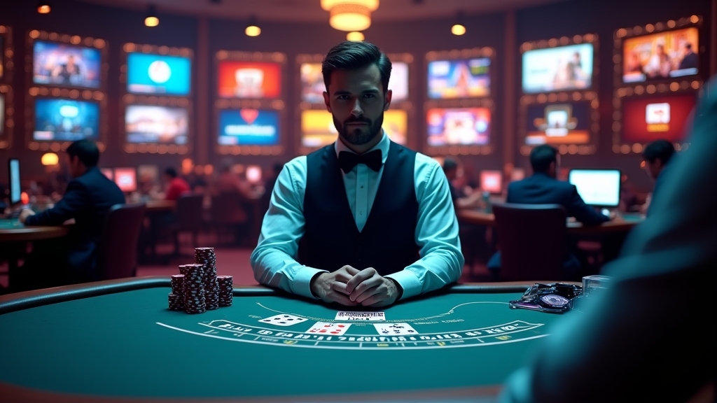 Mesa de blackjack ao vivo com dealer em ambiente de cassino premium