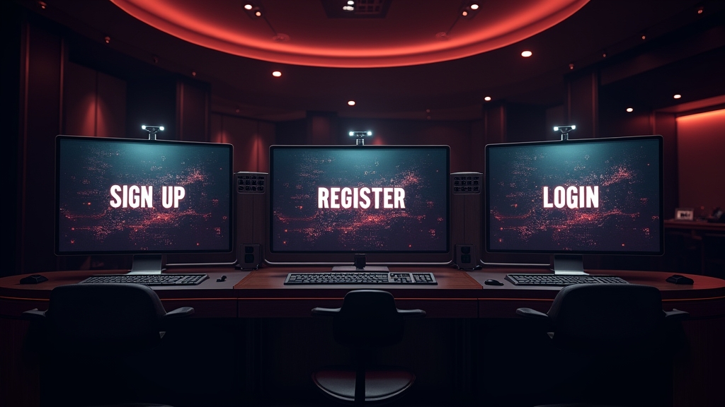 Painéis digitais mostrando diferenças entre cadastro, registro e login